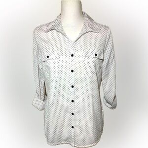 NY Collection Polka Dot Button Down Roll Tab Long Sleeve Shirt Women PM NWT